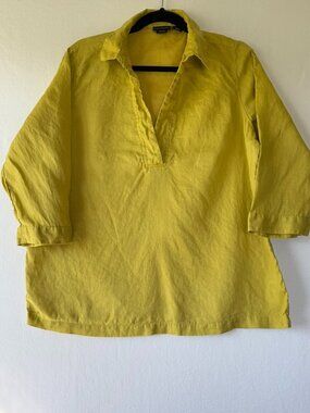 Tahari 100% Linen Chartreuse 3/4 Sleeve V‑Neck Top – Size Large